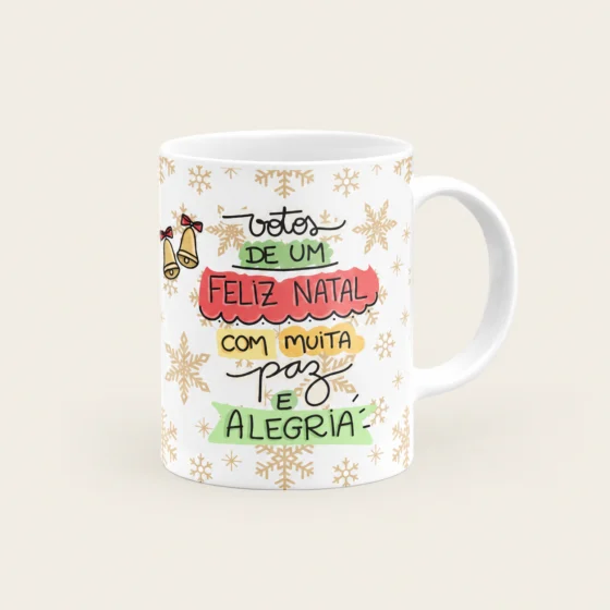 Caneca Branca Personalizada Com A Frase Votos De Um Feliz Natal, Com Muita Paz E Alegria