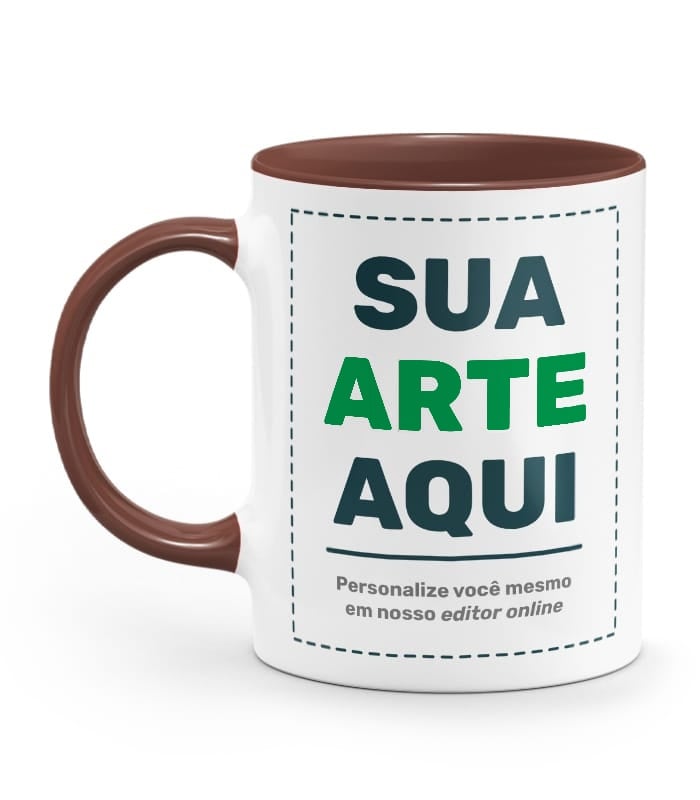 Caneca branca personalizada com alça e interior marrom, com o texto Sua arte aqui