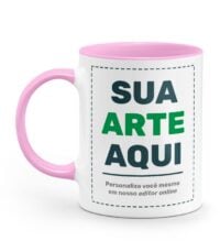 Caneca branca personalizada com alça e interior rosa, com o texto Sua arte aqui