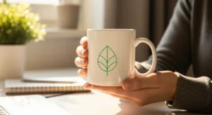 Mãos segurando com carinho uma caneca de cerâmica personalizada, simbolizando a decisão consciente e positiva de substituir copos descartáveis.