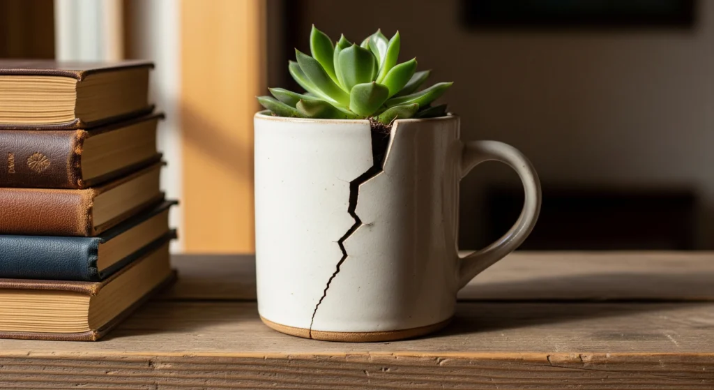 Caneca personalizada trincada sendo reutilizada como um vaso para uma planta suculenta, uma dica de sustentabilidade.
