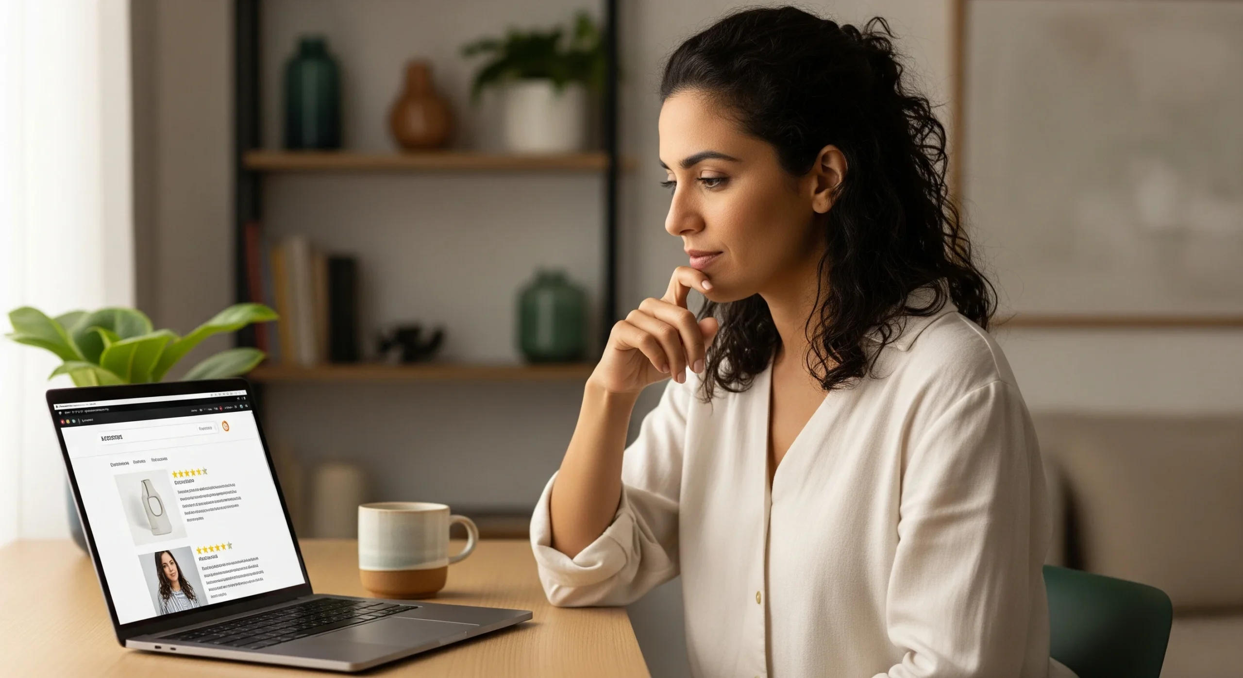Mulher usando um notebook para comprar produtos personalizados com segurança.