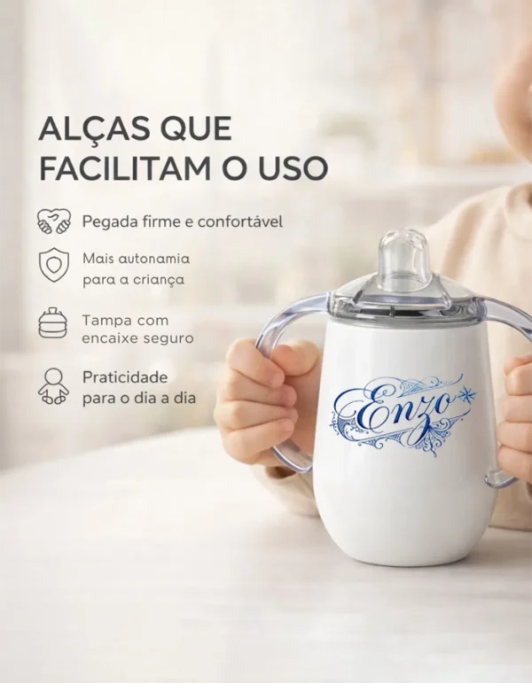 Copo Térmico De Transição Personalizado Em Aço Inox Branco Com Alça Dupla E Bico Antivazamento