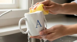 Mãos de uma pessoa lavando uma caneca com o lado macio da esponja, um dos principais cuidados com canecas personalizadas.