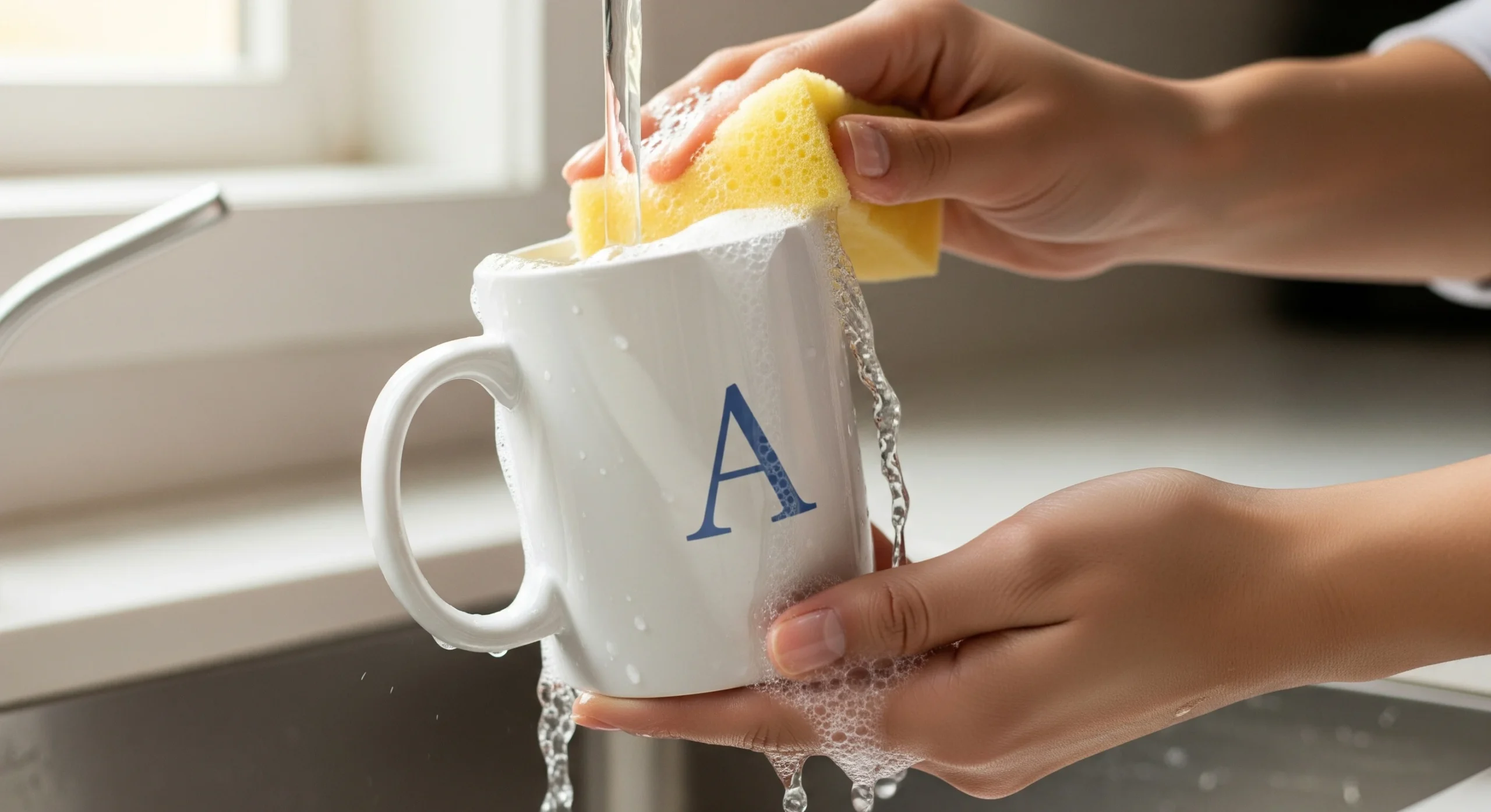 Mãos de uma pessoa lavando uma caneca com o lado macio da esponja, um dos principais cuidados com canecas personalizadas.