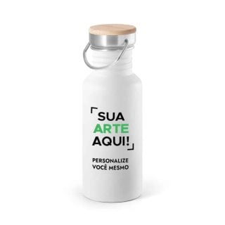 Garrafa Térmica Inox Branca 500Ml Personalizada Com Tampa De Bambu