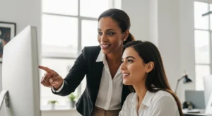 Líder feminina oferecendo mentoria para jovem profissional, simbolizando o empoderamento feminino empresas.