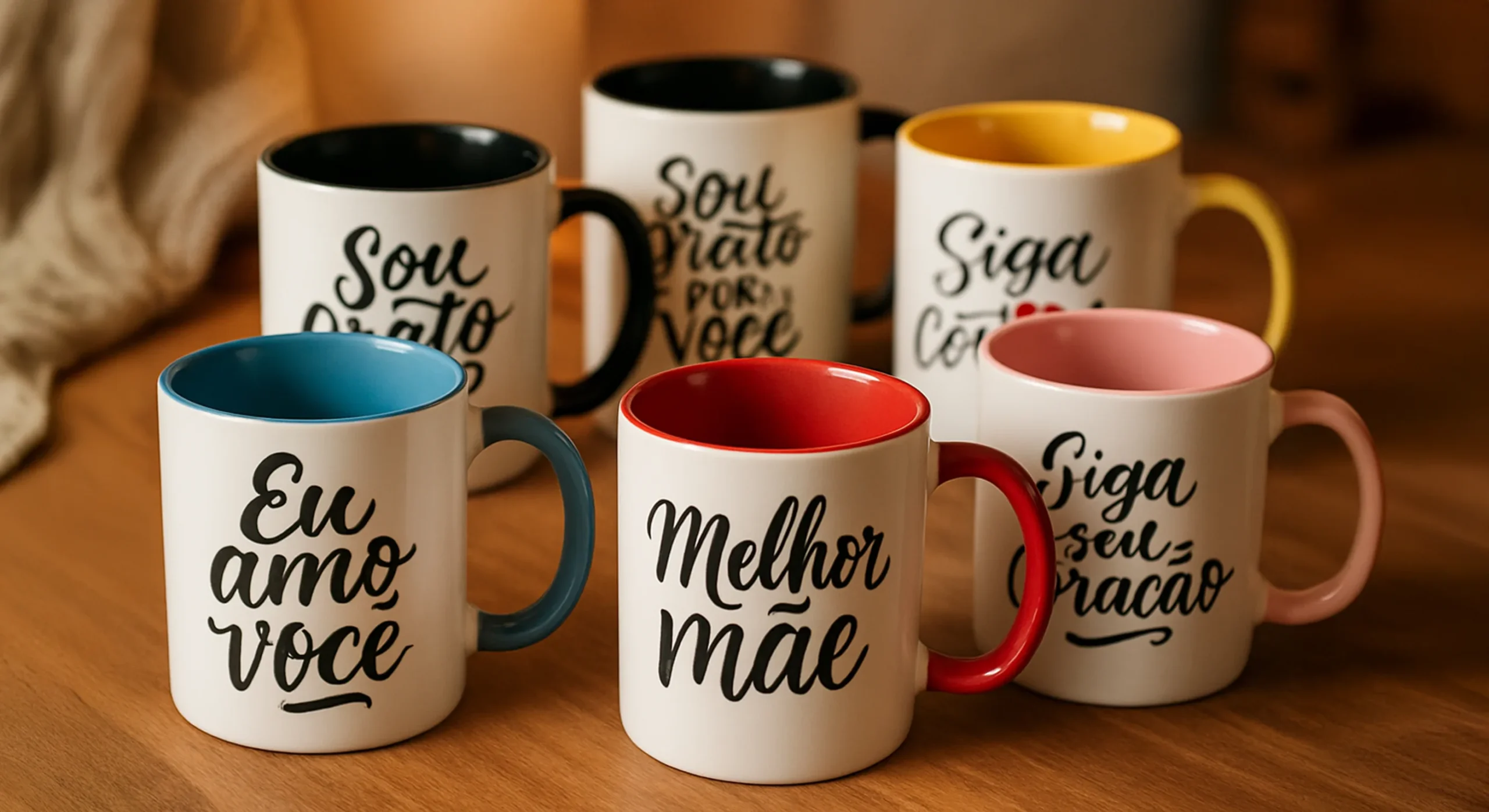 Diversas canecas personalizadas com ideias de frases