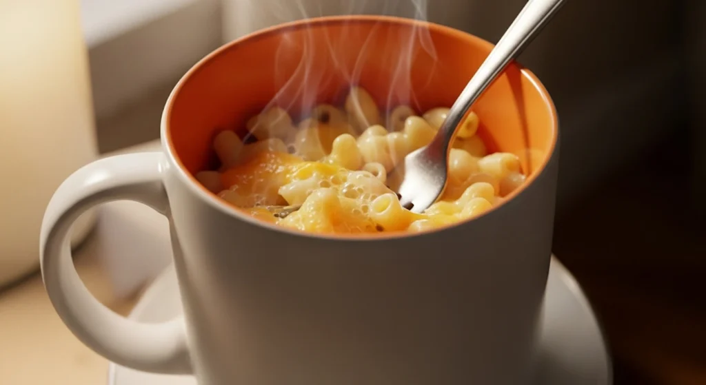 Macarrão com queijo cremoso, uma das receitas de caneca salgadas para uma refeição rápida.