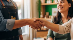 Um empresário apertando a mão de um cliente satisfeito, ilustrando o poder do marketing de relacionamento.