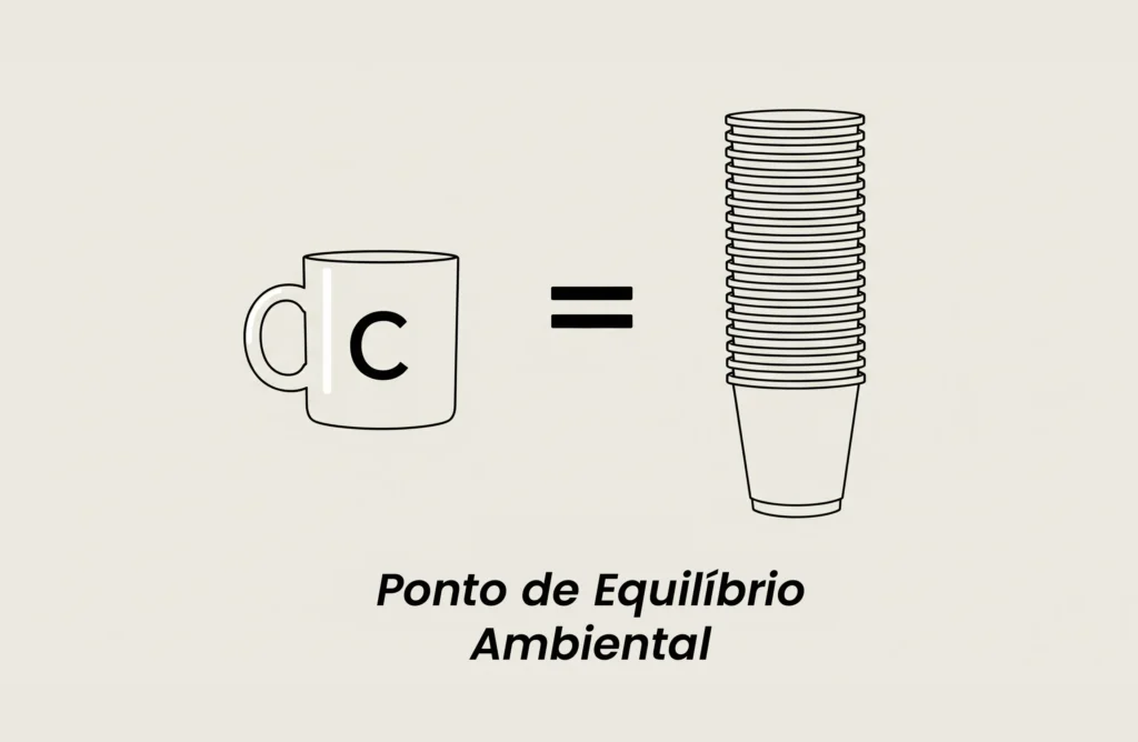 Infográfico mostrando que uma caneca reutilizável equivale a 18 copos descartáveis para atingir o ponto de equilíbrio ambiental.