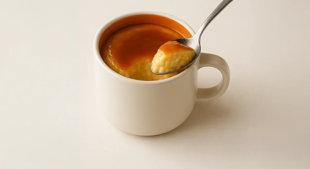 Pudim de leite cremoso dentro de uma caneca, uma sobremesa clássica entre as receitas de caneca.