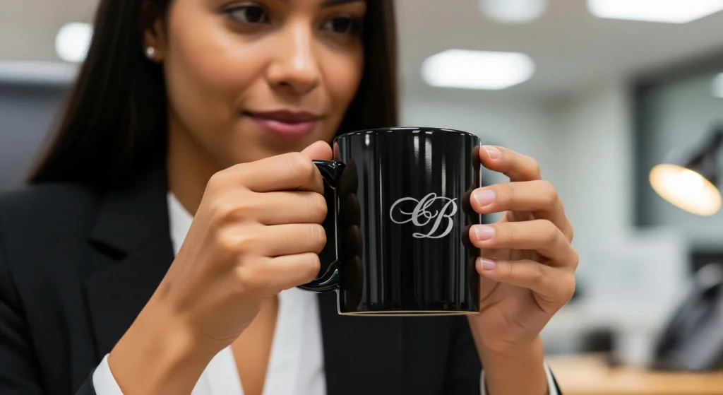 Profissional confiante segura sua caneca personalizada, um símbolo do reconhecimento e empoderamento feminino no trabalho.