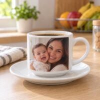 Xícara com pires branca personalizada com foto de mãe e bebê sorrindo, com café, na bancada da cozinha