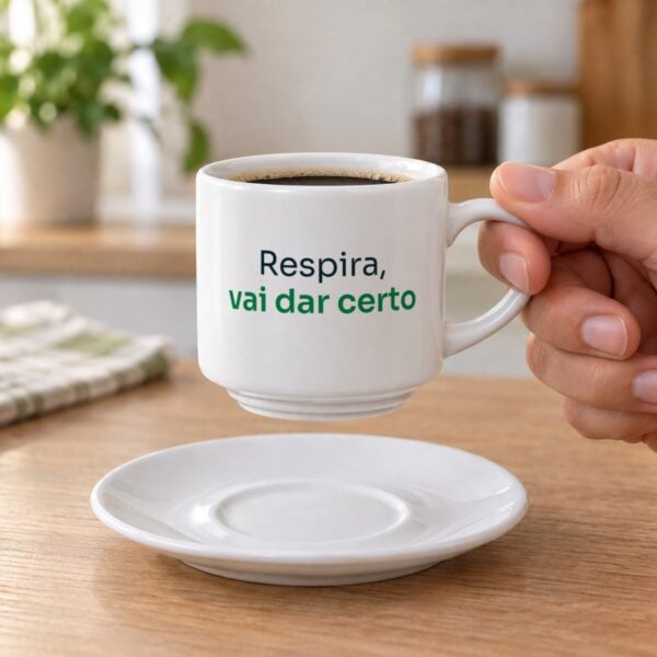 Mão Segurando A Xícara Branca Personalizada Com A Frase Respira, Vai Dar Certo, Com O Pires Na Mesa, Mostrando O Tamanho Real