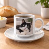 Xícara com pires branca personalizada com a foto de um gato frajola deitado na almofada