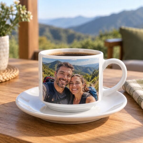 Xícara Com Pires Branca Personalizada Com Foto De Casal Numa Trilha De Montanha, Na Varanda Com Vista Para A Serra