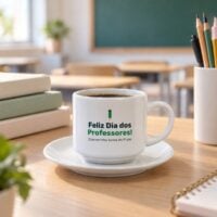 Xícara com pires branca personalizada com a arte Feliz Dia dos Professores, na mesa da professora