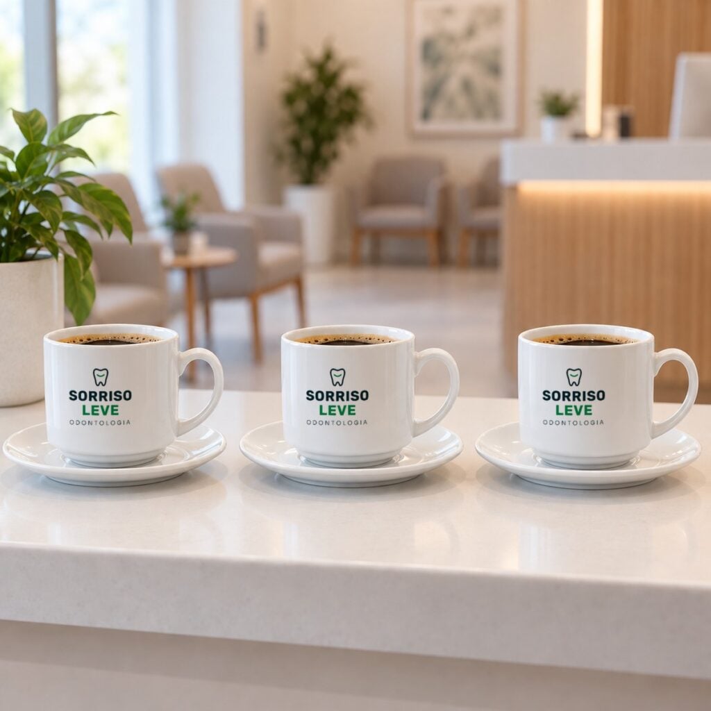 Três xícaras com pires brancas personalizadas com o logotipo do consultório Sorriso Leve, na bancada da recepção