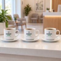 Três xícaras com pires brancas personalizadas com o logotipo do consultório Sorriso Leve, na bancada da recepção