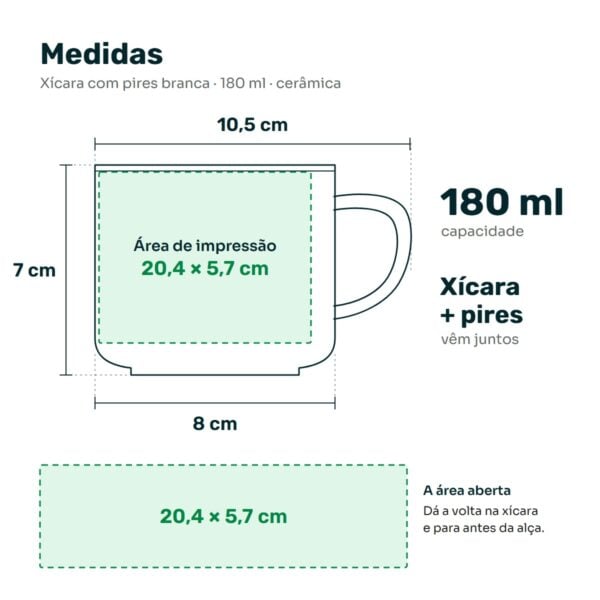 Medidas Da Xícara Com Pires Branca: 7 Cm De Altura, 8 Cm De Diâmetro E Área De Impressão De 20,4 X 5,7 Cm