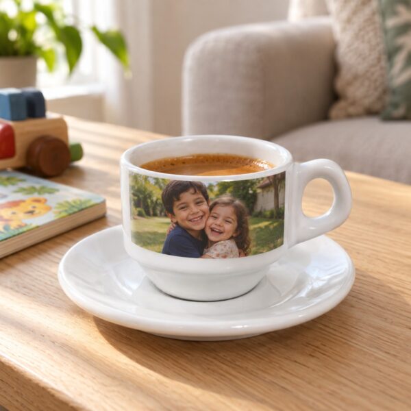 Xícara De Cafezinho Com Pires Personalizada Com Foto De Dois Irmãos Pequenos Abraçados, Na Mesa Da Sala