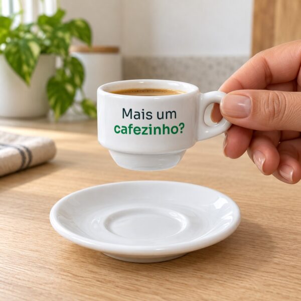 Mão Segurando A Xícara De Cafezinho Personalizada Com A Frase Mais Um Cafezinho?, Com O Pires Na Mesa, Mostrando O Tamanho Real