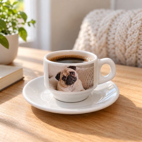 Xícara De Cafezinho Com Pires Personalizada Com A Foto De Um Cachorro Pug Deitado Na Almofada