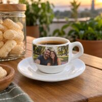 Xícara de cafezinho com pires personalizada com foto de casal num piquenique no parque, na mesinha da varanda
