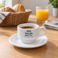 Xícara de cafezinho com pires personalizada com a arte Feliz Dia dos Pais e uma gravata borboleta verde, no café da manhã