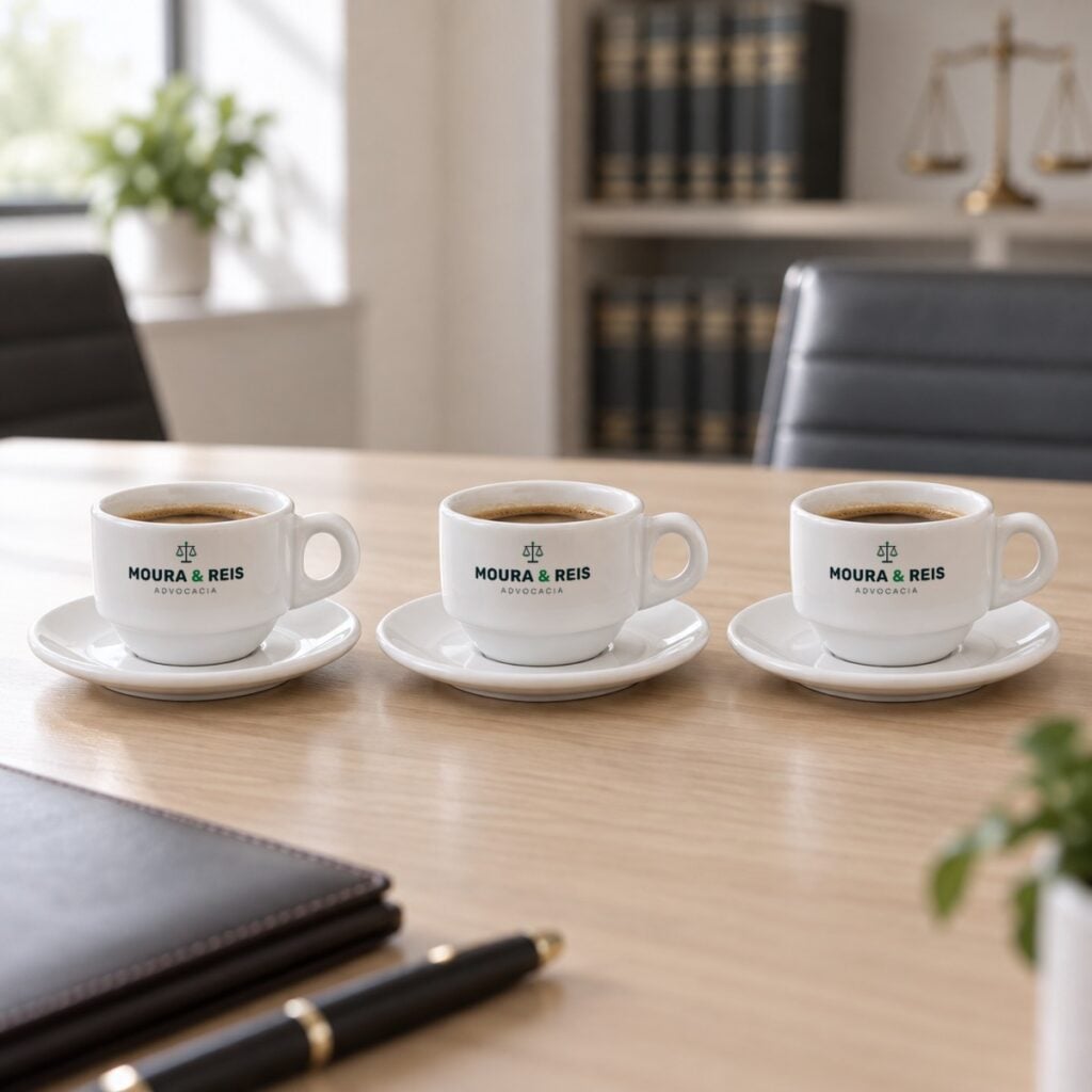 Três xícaras de cafezinho com pires personalizadas com o logotipo do escritório Moura & Reis Advocacia, na mesa de reunião