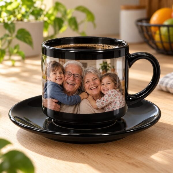 Xícara Com Pires Preta Personalizada Com Foto Dos Avós Abraçados Com Os Netos, Com Café, Na Bancada Da Cozinha
