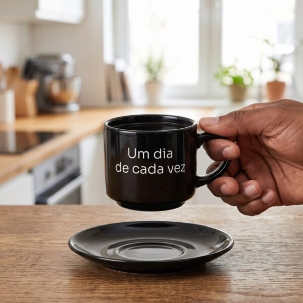 Mão Segurando A Xícara Preta Personalizada Com A Frase Um Dia De Cada Vez, Com O Pires Na Mesa, Mostrando O Tamanho Real