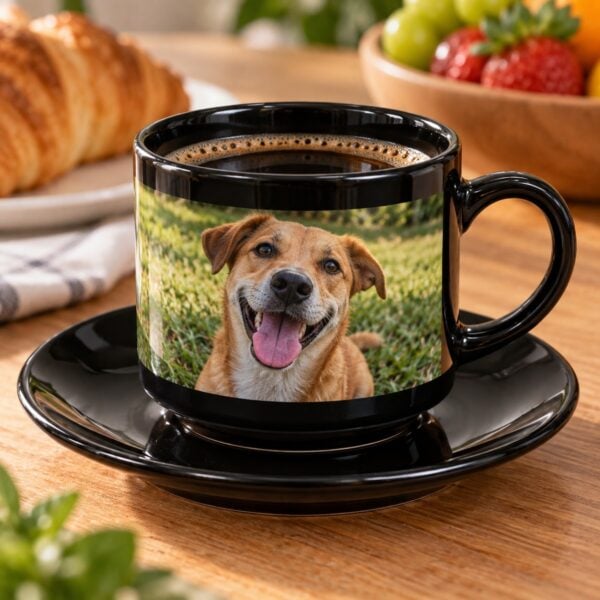 Detalhe Da Xícara Com Pires Preta Personalizada Com A Foto De Um Cachorro Vira-Lata Caramelo