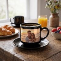Xícara com pires preta personalizada com foto de casal na praia, na mesa do café da manhã a dois