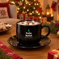 Xícara com pires preta personalizada com arte de Natal, pinheiro verde e Feliz Natal, com chocolate quente