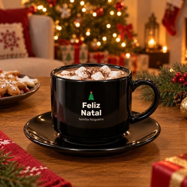 Xícara Com Pires Preta Personalizada Com Arte De Natal, Pinheiro Verde E Feliz Natal, Com Chocolate Quente