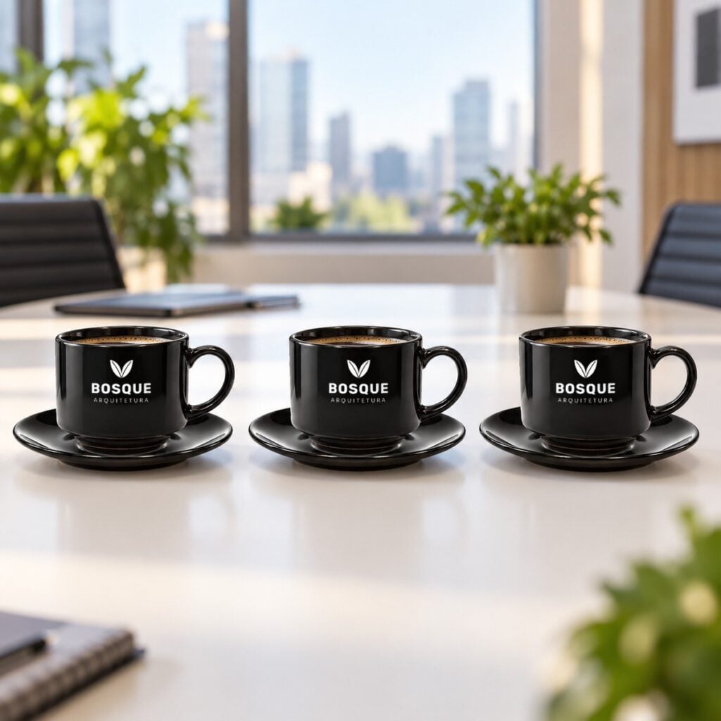 Três xícaras com pires pretas personalizadas com o logotipo de uma empresa, sobre a mesa de reunião