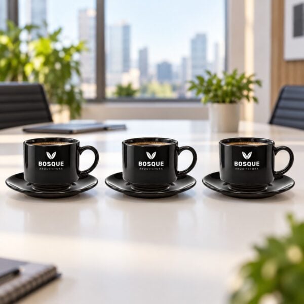 Três Xícaras Com Pires Pretas Personalizadas Com O Logotipo De Uma Empresa, Sobre A Mesa De Reunião