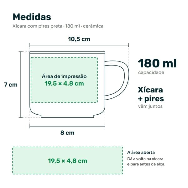 Medidas Da Xícara Com Pires Preta: 7 Cm De Altura, 8 Cm De Diâmetro E Área De Impressão De 19,5 X 4,8 Cm