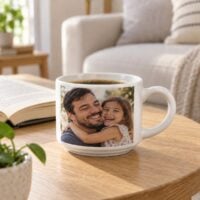 Xícara branca personalizada com foto de pai e filha abraçados, com café, na mesa de centro da sala