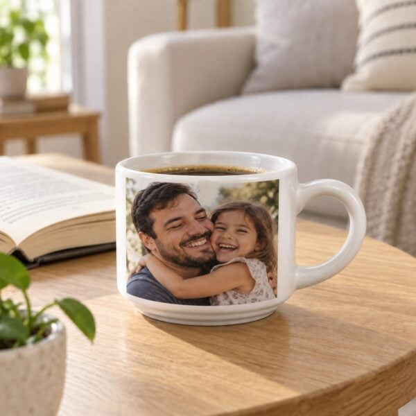 Xícara Branca Personalizada Com Foto De Pai E Filha Abraçados, Com Café, Na Mesa De Centro Da Sala