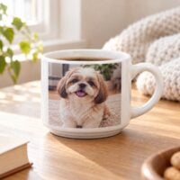 Xícara branca personalizada com a foto de um cachorro shih-tzu sentado no tapete