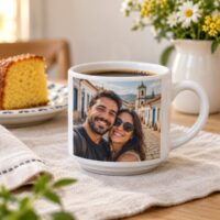 Xícara branca personalizada com foto de casal em viagem numa cidade histórica, na mesa do café da tarde