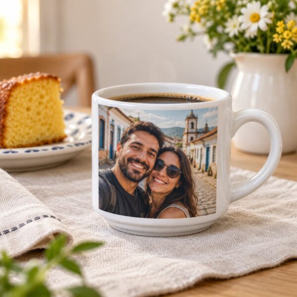 Xícara Branca Personalizada Com Foto De Casal Em Viagem Numa Cidade Histórica, Na Mesa Do Café Da Tarde