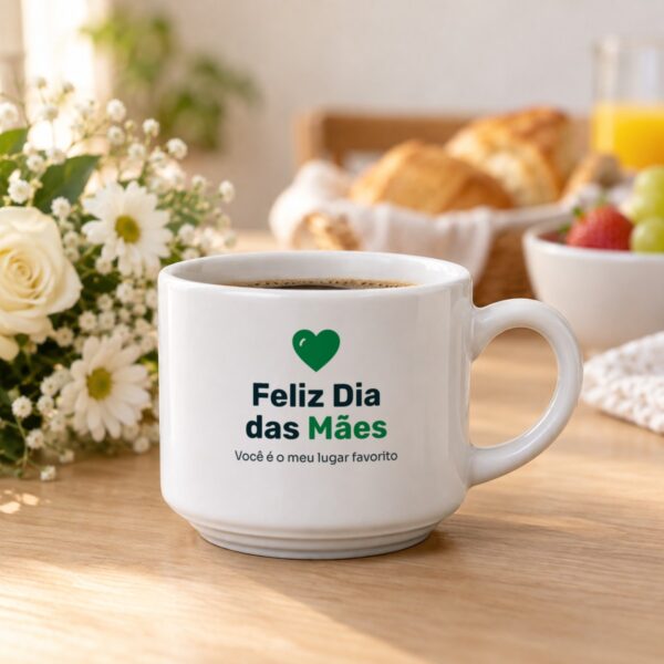 Xícara Branca Personalizada Com A Arte Feliz Dia Das Mães E Um Coração Verde, No Café Da Manhã Com Flores