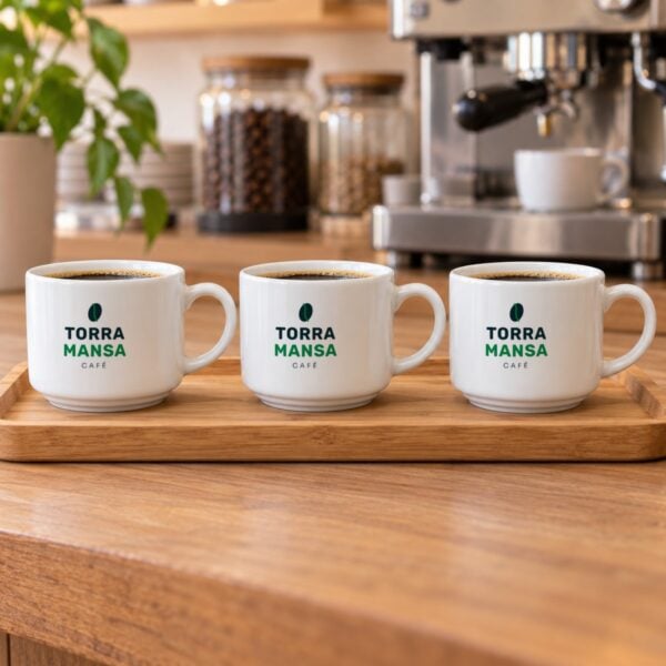 Três Xícaras Brancas Personalizadas Com O Logotipo Da Cafeteria Torra Mansa, Na Bandeja Sobre A Bancada