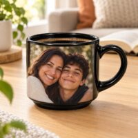 Xícara preta personalizada com foto de mãe e filho abraçados, com café, na mesa de centro da sala