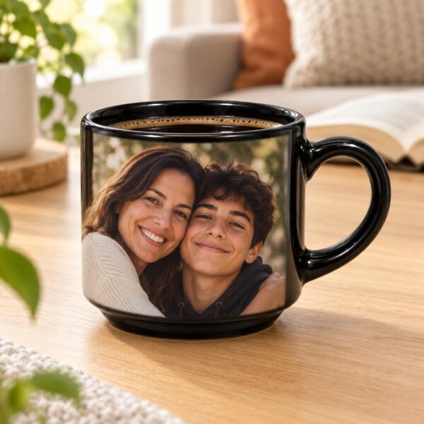 Xícara Preta Personalizada Com Foto De Mãe E Filho Abraçados, Com Café, Na Mesa De Centro Da Sala