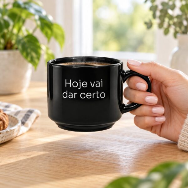 Mão Segurando A Xícara Preta Personalizada Com A Frase Hoje Vai Dar Certo, Mostrando O Tamanho Real